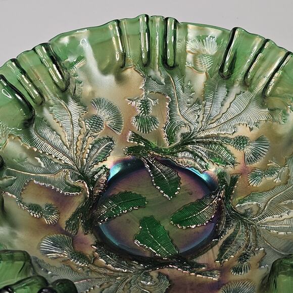 Vintage FENTON Carnival Glass THISTLE GREEN Ruffled Edge 9" Iridescent Bowl - Picture 6 of 11